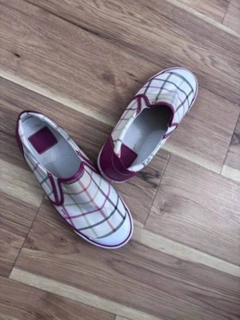 Coach Women's Plaid Canvas Slip-On Flats White Pink Multicolor US 9 M